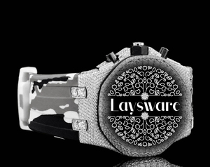 Montre de luxe personnalisée en moissanite avec bracelet en silicone camouflage gris et finition entièrement sertie de diamants - Product Image 2