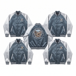Wholesale B2B Supplier Grey Lilac Satin Varsity Jacket Zip Up Custom Embroidered Prismatic Mineral Guild Baseball <b>Coat</b> - Product Image 3