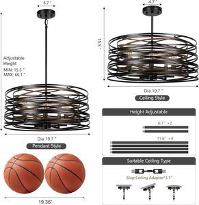 Wholesale Industrial Drum Chandelier Bulk Black Wire Spiral Pendant Light Factory Price <b>Retro</b> Metal Faux Wood Hanging Lamp - Product Image 5