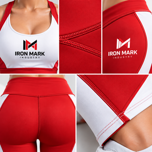 IRON MARK INDUSTRY Women's 2-Piece Yoga Set Racerback Crop Top High Waist <b>Leggings</b> Color Blocking Red White Seamless Full Length - Product Image 6