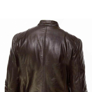 Chaqueta de Motociclista de Cuero Genuino Marrón para Hombre, Cuello Alto, Cierre de Cremallera, Corte Ajustado, para Otoño - Product Image 2