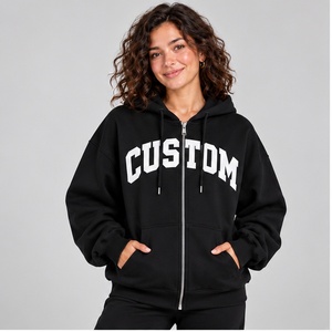 Custom Logo <b>Black</b> Oversized Zip Up Hoodie <b>Women</b> Heavyweight Cotton Fleece Drop Shoulder <b>Sweatshirt</b> Plain Varsity <b>Sweatshirt</b> - Product Image 1