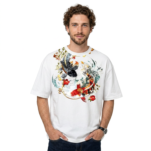 Camiseta Blanca de Manga Corta para Hombre, Estampado de Peces Koi y Flores, Cuello Redondo, Corte Holgado Informal, 100% Algodón, Transpirable, Diseño Tejido Bordado - Product Image 2