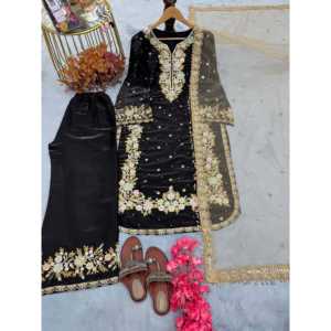 Top de fiesta de mujer de diseñador y conjunto Dupatta elegante Plazzo con hermosos adornos - Product Image 4