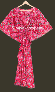 Caftán Floral Vibrante de Algodón, Elegante, Hecho a Mano, Estilo Bohemio, Ropa de Estar por Casa para Mujer, Estampado de Bloques, Inspirado en la Maternidad, Midi, Ecológico - Product Image 3