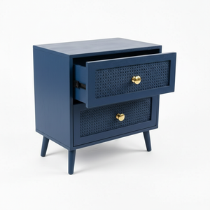 Mesa Auxiliar Moderna Ecológica de 2 Cajones con 5+ Compartimentos, Madera de Caucho, MDF, Chapa de Roble y Detalles de Ratán - Mesa de Almacenamiento para Lateral/Cama - Product Image 2