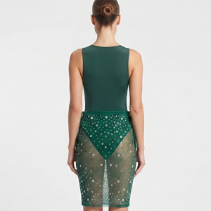 Falda de malla transparente con pedrería de cintura alta para mujer, estilo diamantes de imitación, hasta la rodilla, transparente, sexy, para discoteca - Product Image 3