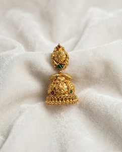 22K Solid Gold Temple Jhumka <b>Earrings</b> Lakshmi Motif Antique Finish Indian Wedding Jewelry Ruby Pearl <b>Drops</b> Party & Gift - Product Image 2