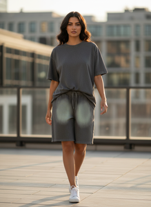 2026 Premium Men's Summer Sun-Faded Grey T-Shirt and Shorts <b>Set</b> 100% Cotton <b>Knitted</b> Fabric Dip Dye Technique Shorts 2 Piece <b>Set</b> - Product Image 4