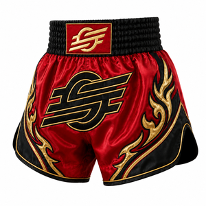Pantalones Cortos Rojos de MMA con Diseño de Llama Dorada, Logotipo Negro Estampado en la Parte Delantera, Unisex, Corte Regular, Poliéster Elástico, Duraderos, de Secado Rápido, para Adultos, Combate - Product Image 6