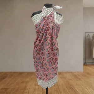 Pink Floral Hand Block Printed Cotton <b>Sarong</b> Scarf with Cream Border Lightweight Beach Wrap Stole for Women - Product Image 2