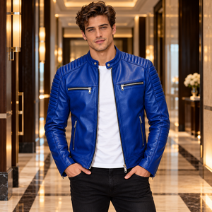 Veste en cuir véritable pour homme, style vintage, avec détails matelassés sur les manches, surface gaufrée, ourlet ceinturé, collection streetwear moderne - Product Image 6