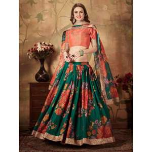Mariage Lehenga Choli en soie organza à imprimé floral vert foncé rafraîchissant avec chemisier orange - Product Image 6