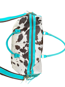 Genuine Turquoise Stone Cowhide Leather Duffel <b>Bag</b> <b>Boho</b> Western Style Vintage Lady's <b>Bag</b> Canvas Lining Real Cowhide Hair Tooled - Product Image 3