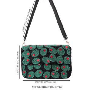 Sac à bandoulière rectangulaire brodé fait main, noir, vert, rouge, avec perles, artisanat textile, point de croix, broderie - Product Image 2