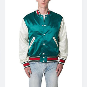 Chaqueta Varsity de Invierno para Hombre DREAMCATCHER ENTERPRISES, Color Verde Azulado, Cierre de Cremallera, Mangas Blancas, Logotipo Bordado, Cuello Alto, Corte Regular - Product Image 1