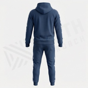 Men's Navy Blue Hooded Tracksuit Full Sleeve Striped Design Casual Sportswear Set Breathable Midweight <b>Polyester</b> <b>Joggers</b> with - Product Image 2