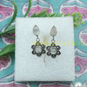 Pendientes de Cuarzo Rosa Natural y Piedra Lunar, Plata de Ley 925, Hechos a Mano, Diseño Floral, Estilo Boho, Joyería de Moda, Regalo para Mujer - Product Image 6