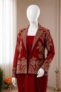 Conjunto de Sari de Seda Satinada Bordada en Borgoña con Volantes Florales, Traje Tradicional Moderno para Mujer, para Bodas, Graduaciones y Fiestas - Product Image 4