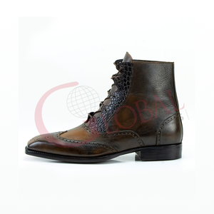 Men Classic Vintage Leather Brogue Wingtip Lace Up Ankle <b>Boots</b> Crocodile Pattern Business Formal Dress <b>Boots</b> Stylish Design - Product Image 3