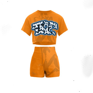 Premium 220 GSM cotton polyester orange <b>booty</b> short set graffiti print custom logo stretch fit T shirt and <b>booty</b> short - Product Image 1
