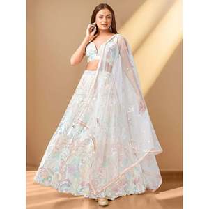 Off-<b>White</b> <b>Sequins</b> Net Bridesmaid Lehenga Choli - Product Image 1