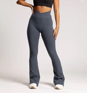 Mid Waist Seamless <b>Flared</b> Leg Yoga <b>Leggings</b> Full Length Solid Color Four-Way Stretch Elastic Waist Women's Eco-Friendly Quick - Product Image 6