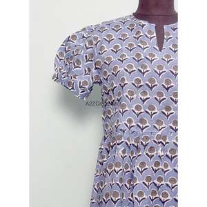 Robe trapèze mi-longue en coton indien imprimé à la main, col en V, manches courtes, pour femme, idéale pour les fêtes, les vacances d'été à la plage - Product Image 3