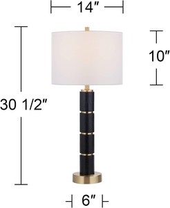 Modern Luxury <b>Black</b> Faux Leather Column <b>Table</b> Lamp Gold Metal Accents White Fabric Shade <b>Bedside</b> Living Room Home Decor Light - Product Image 4