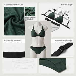 Ensemble bikini côtelé vert pour femme, haut triangle à col ras du cou, bas échancré, bordure contrastante, en Spandex et Polyester extensible, écologique - Product Image 4