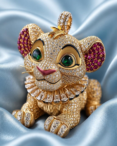 Pendentif Lion en Moissanite Dorée avec Charme Animal, Œil Vert et Oreille Rouge, Bijou Cadeau - Product Image 3