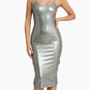 Silver PU Bodycon <b>Midi</b> <b>Dress</b> <b>Spaghetti</b> <b>Strap</b> Fitted Sexy Party Wear Solid Color Zippers Detail - Product Image 4