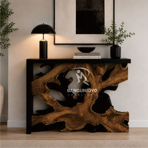 Table console moderne en teck massif, écologique, durable, fabriquée à la main, avec côtés en bois de butternut et centre en racine de teck - Product Image 2