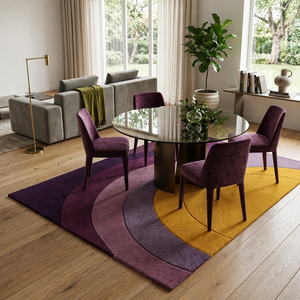 Alfombra Moderna Abstracta de Lana/Seda Hecha a Mano con Diseño Curvo de Bloques de Color - Alfombra de Látex Morado Mostaza para Hogar, Coche y Ejercicio - Product Image 4