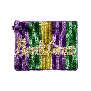 Mini sac à monnaie en perles et sequins, motif fleur de lys et pompon, pour le Mardi Gras, Good Times Roll, d'Inde - Product Image 1