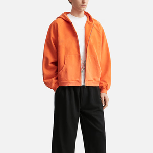 <b>Men's</b> Oversized <b>Orange</b> Hooded <b>Sweatshirt</b> French Terry Solid Color Casual Zipper-Up Regular Fit Autumn Wear - Product Image 1