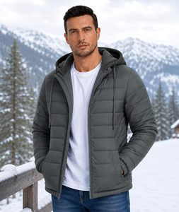 Veste d'hiver matelassée à capuche noire pour homme, fermeture éclair, doublure en polaire, coupe-vent - Product Image 3