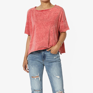 Custom Manufacturer Wholesale High Quality Women Acid Wash Solid Front Breathable Quick Dry Casual Loose T Shirts Summer OEM - Product Image 1