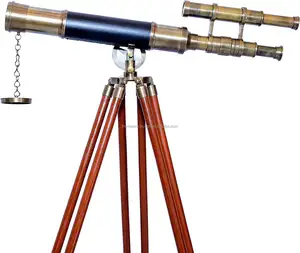 18-дюймовый Викторианский морской античный латунный напольный телескоп с темно-синим регулируемым деревянным штативом для приключений на открытом воздухе.