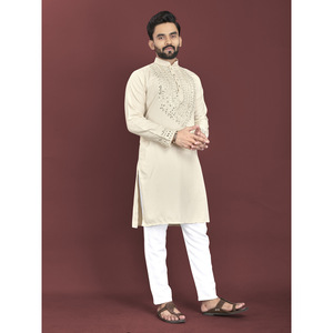 TENDANCE SOIE DOUCE VÉRITABLE MIROIR TRAVAIL À LA MAIN PYJAMA KURTA HOMME BLANC CASSÉ - Product Image 1