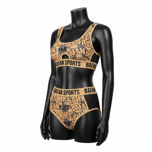 ชุดบิกินี่ผู้หญิง พรีเมียม 220 GSM โพลีเอสเตอร์ผสมสแปนเด็กซ์ สีเบจ-ดำ พิมพ์ลายกราฟิก แต่งผ้าตาข่าย แถบโลโก้แจ็คการ์ด - Product Image 4