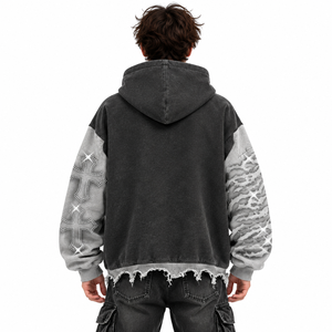 Custom <b>Black</b> Grey Distressed Oversized Acid Wash Winter Hoodie for <b>Men</b> 100% Cotton <b>Fleece</b> Vintage Pullover Sweatshirt Windproof - Product Image 2