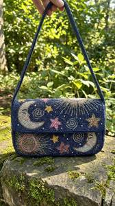 Sac bandoulière à rabat brodé motif tourbillon de nuit étoilée bleu jaune - Product Image 6
