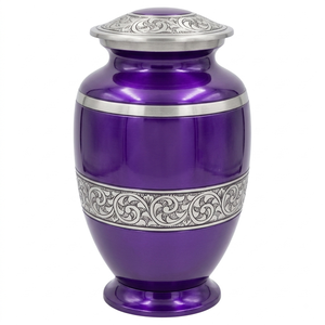 Urnes funéraires pour adultes en laiton fini couleur violette, durables, avec bandes décoratives dorées, capacité de 200 pouces cubes, design personnalisable - Product Image 1