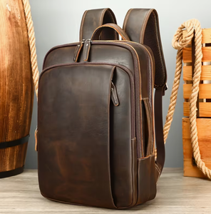 Brown Genuine <b>Leather</b> Backpack Men Casual Daily Use Adjustable Strap Zipper Closure 20-30L Capacity Solid Design Durable - Product Image 2