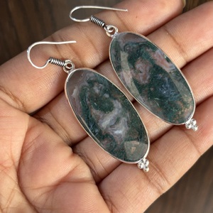 Boucles d'oreilles pendantes en argent plaqué 925 style bohème, avec agate mousse naturelle, bijoux fantaisie pour femme, idéales pour les soirées - Product Image 1