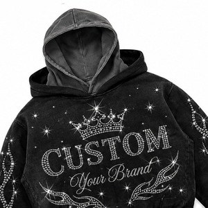 Sweat-shirt à capuche zippé personnalisé avec strass pour homme, motif rose dégradé, en molleton épais, style streetwear vieilli - Product Image 6
