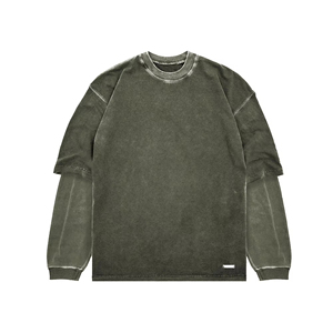 เสื้อยืดคอกลมแขนยาวสองชั้นทรงหลวมผ้าเจอร์ซีย์คอตตอน 100% คุณภาพสูงแบบใหม่สำหรับผู้ชาย - Product Image 1