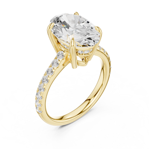 Yellow Gold Oval Cut Lab Grown <b>Diamond</b> Solitaire Engagement <b>Ring</b> with Pavé Band for Women - Product Image 5