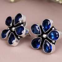 Boucles d'oreilles clous classiques pour femme en argent 925 plaqué rhodium, avec onyx bleu taille poire et serti clos, style bohème, haute qualité, pour le quotidien